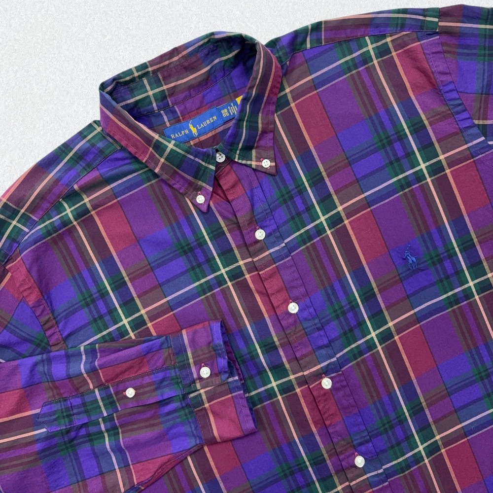 Ralph Lauren Shirt Mens 1XB Big Purple Tartan Plaid Button Down Long Sleeve
